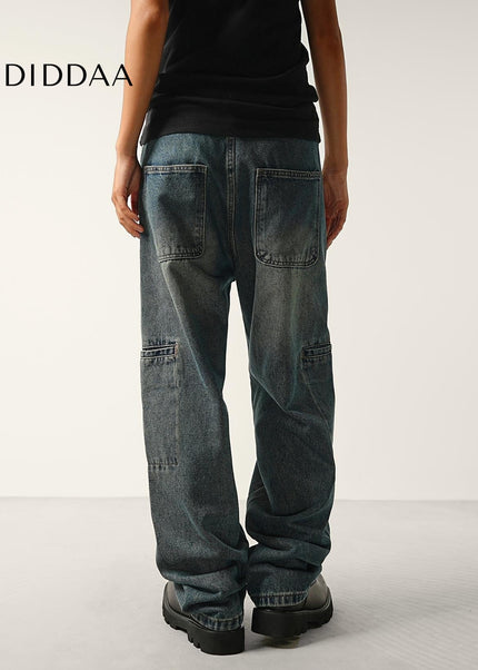 Washed Blue Drawstring Waist Wide-Leg Cargo Jeans - Men’s Jeans