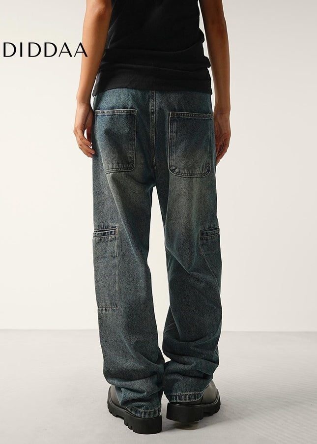 Washed Blue Drawstring Waist Wide-Leg Cargo Jeans - Men’s Jeans