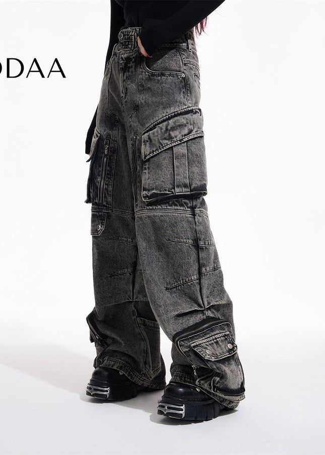 Washed Blue Heavy Duty Retro Multi Pocket Jeans - Grey / XS - Men’s Jeans