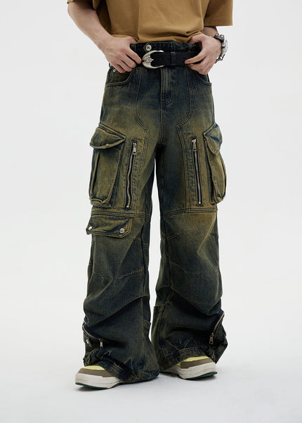 Washed Blue Heavy Duty Retro Multi Pocket Jeans - Men’s Jeans