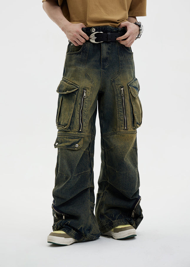 Washed Blue Heavy Duty Retro Multi Pocket Jeans - Men’s Jeans