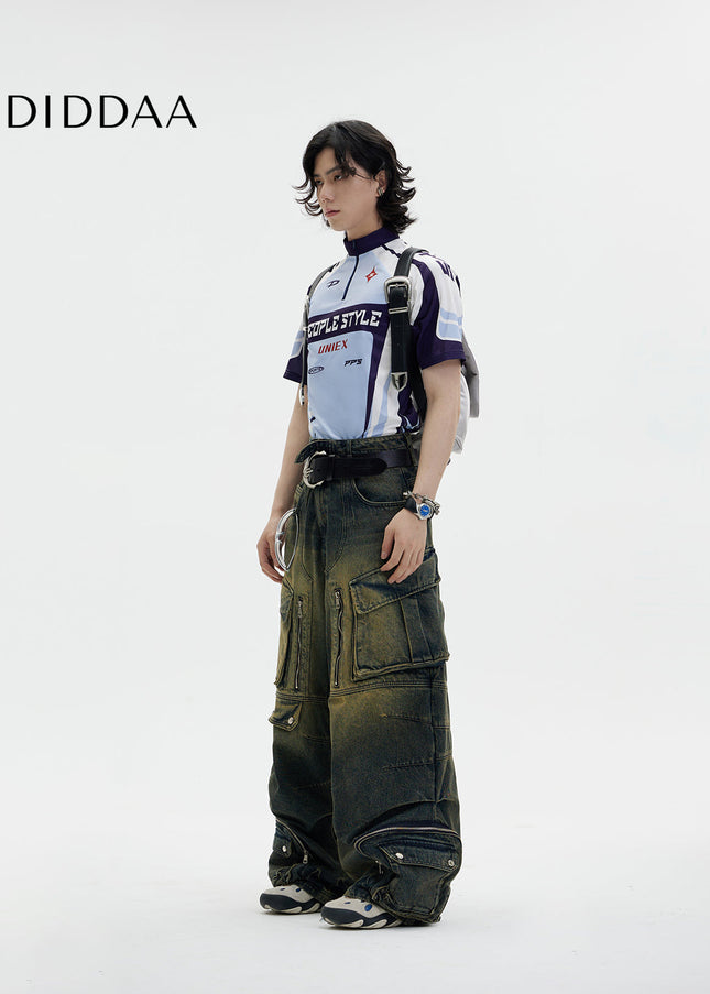 Washed Blue Heavy Duty Retro Multi Pocket Jeans - Men’s Jeans