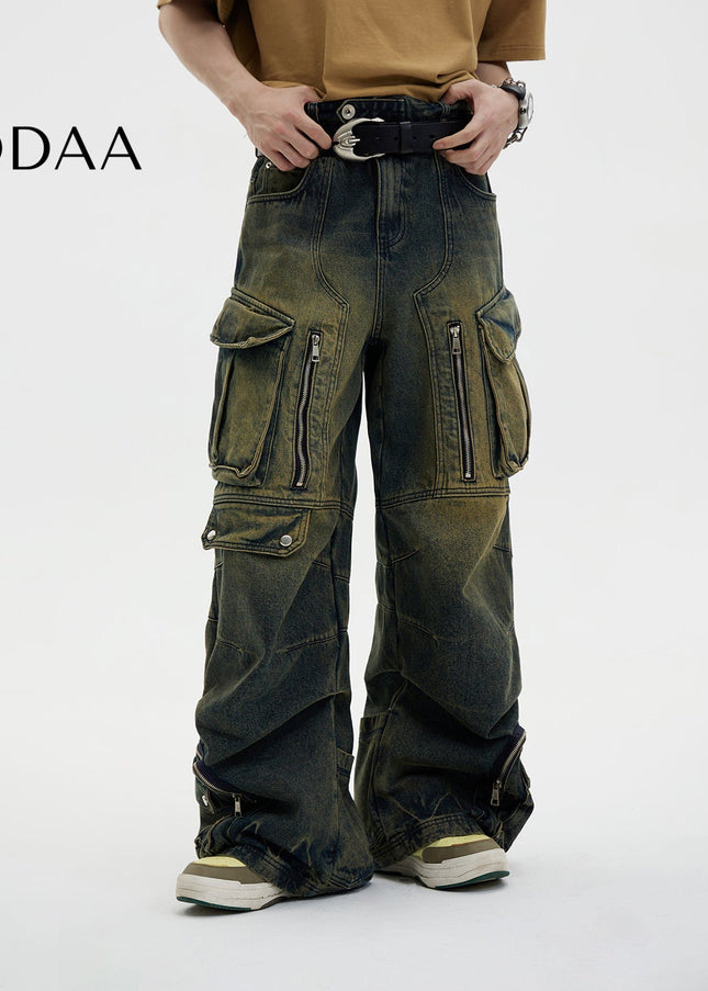 Washed Blue Heavy Duty Retro Multi Pocket Jeans - Men’s Jeans