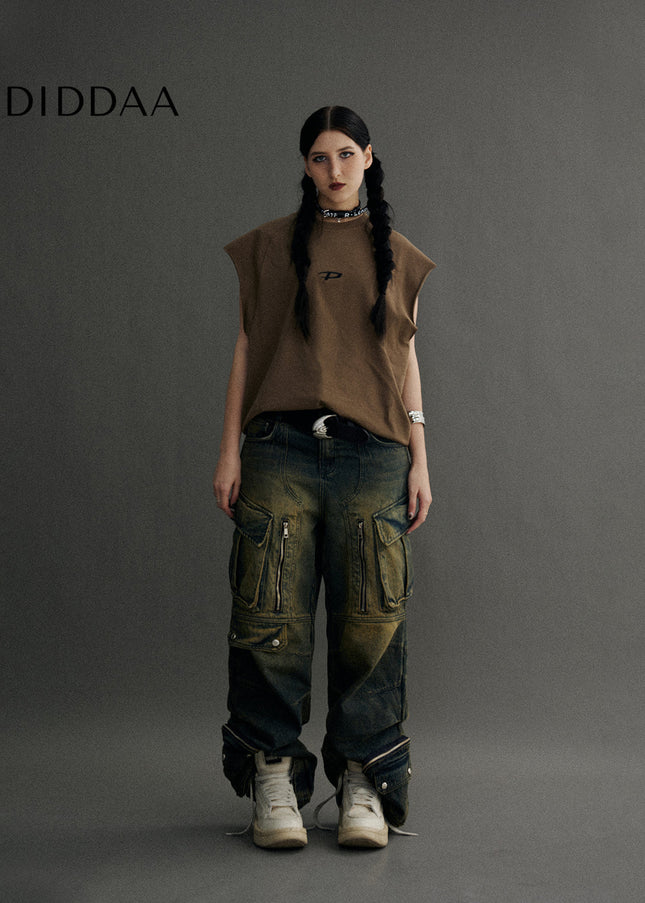 Washed Blue Heavy Duty Retro Multi Pocket Jeans - Men’s Jeans