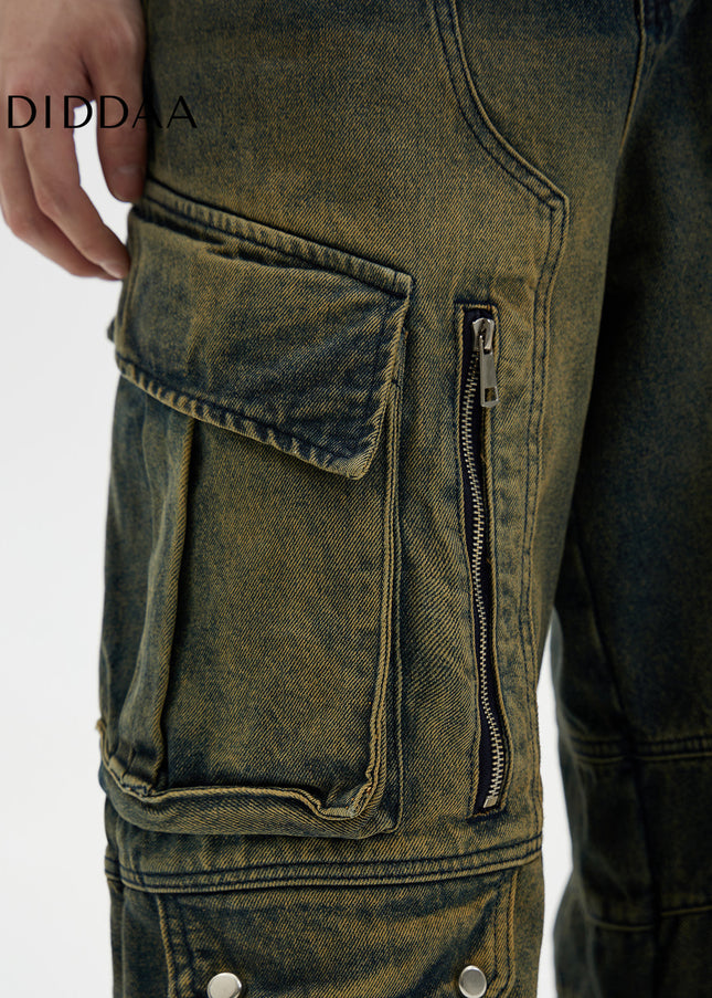 Washed Blue Heavy Duty Retro Multi Pocket Jeans - Men’s Jeans