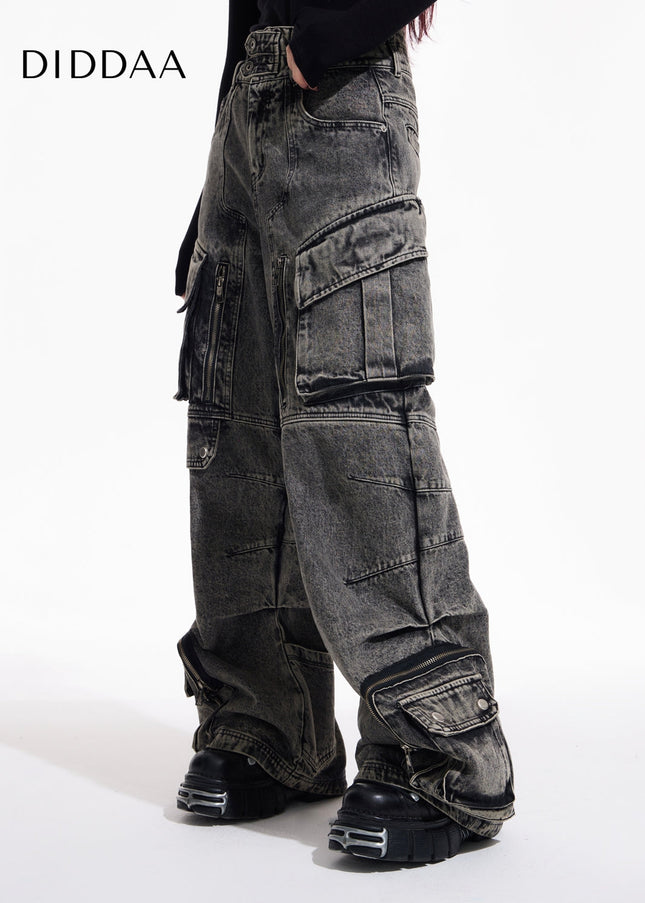 Washed Blue Heavy Duty Retro Multi Pocket Jeans - Men’s Jeans