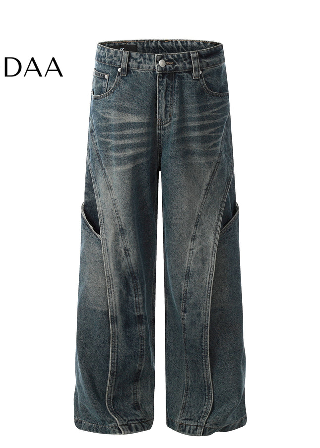 Washed Blue Heavyweight Distressed Spliced Jeans - Dark Blue / S - Men’s Jeans