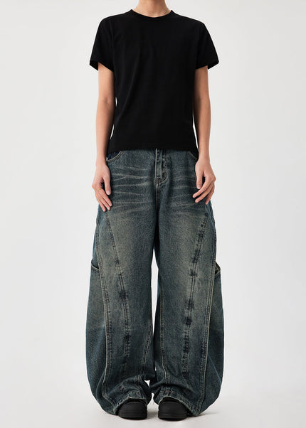 Washed Blue Heavyweight Distressed Spliced Jeans - Men’s Jeans