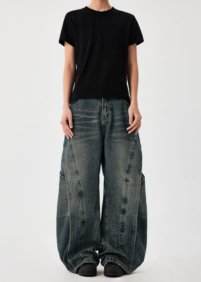 Washed Blue Heavyweight Distressed Spliced Jeans - Men’s Jeans