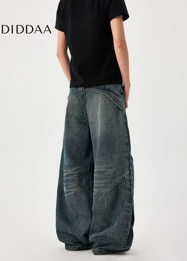 Washed Blue Heavyweight Distressed Spliced Jeans - Men’s Jeans