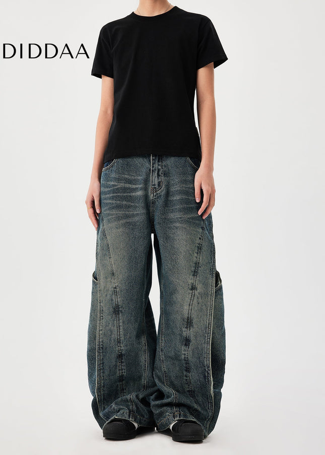 Washed Blue Heavyweight Distressed Spliced Jeans - Men’s Jeans