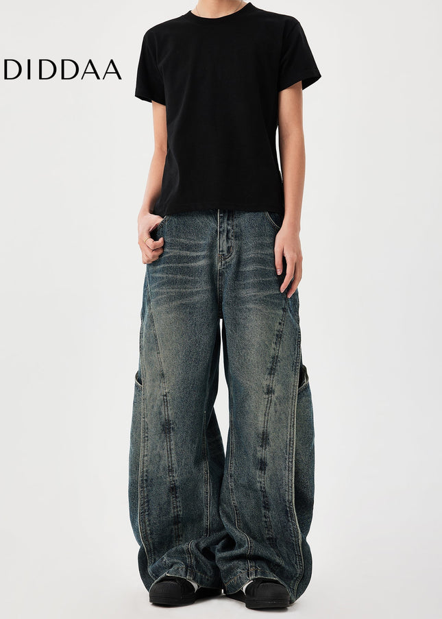 Washed Blue Heavyweight Distressed Spliced Jeans - Men’s Jeans