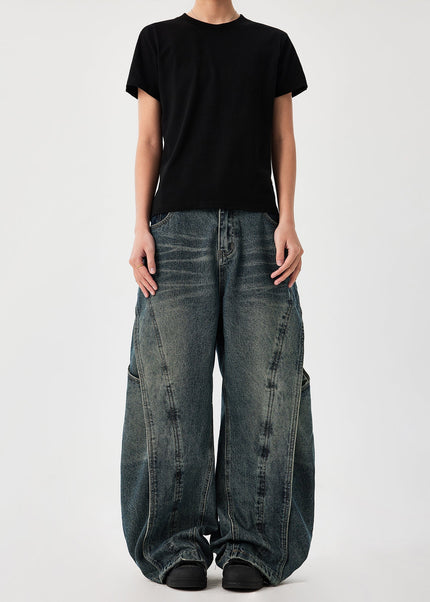Washed Blue Heavyweight Distressed Spliced Jeans - Men’s Jeans