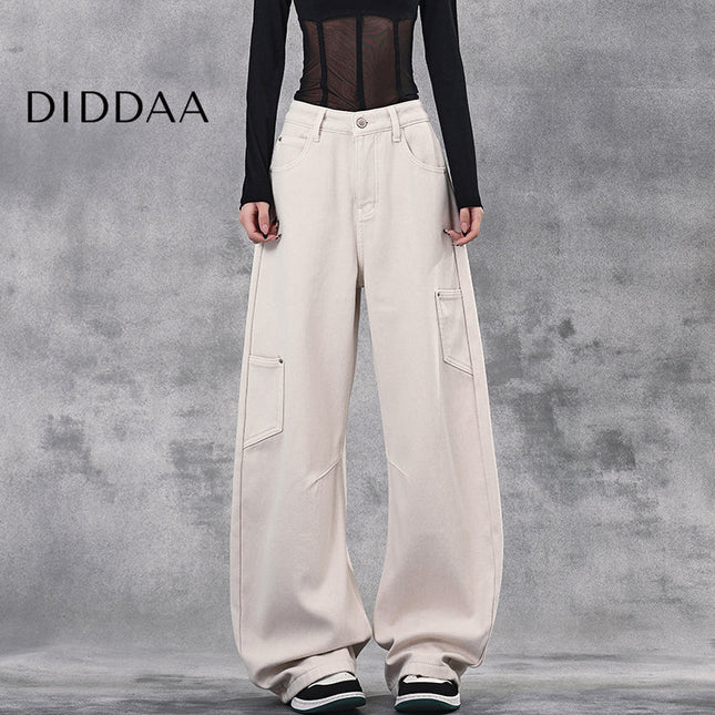 Washed Blue High Waist Wide-Leg Cargo Jeans - S / Apricot - Women’s Jeans