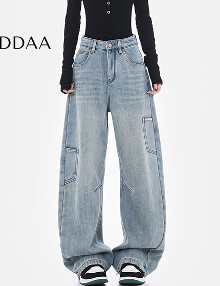 Washed Blue High Waist Wide-Leg Cargo Jeans - S / Light Blue - Women’s Jeans