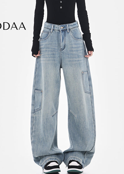 Washed Blue High Waist Wide-Leg Cargo Jeans - S / Light Blue - Women’s Jeans