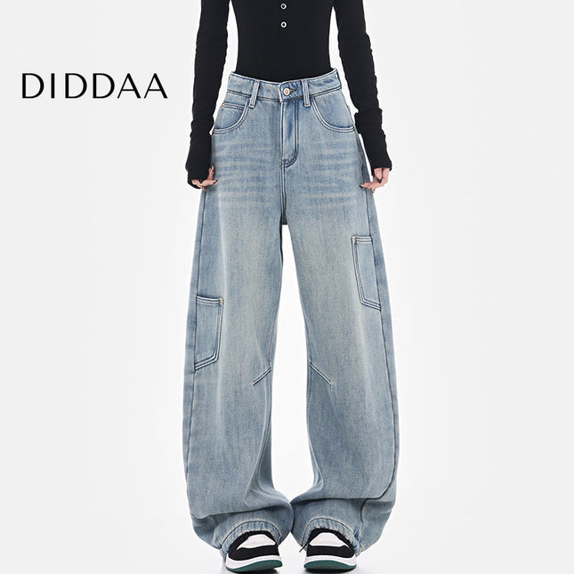 Washed Blue High Waist Wide-Leg Cargo Jeans - S / Light Blue - Women’s Jeans