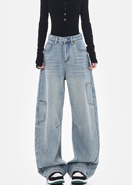 Washed Blue High Waist Wide-Leg Cargo Jeans - Women’s Jeans