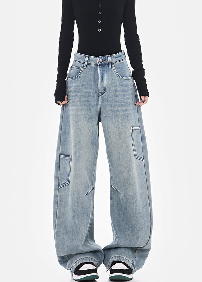 Washed Blue High Waist Wide-Leg Cargo Jeans - Women’s Jeans