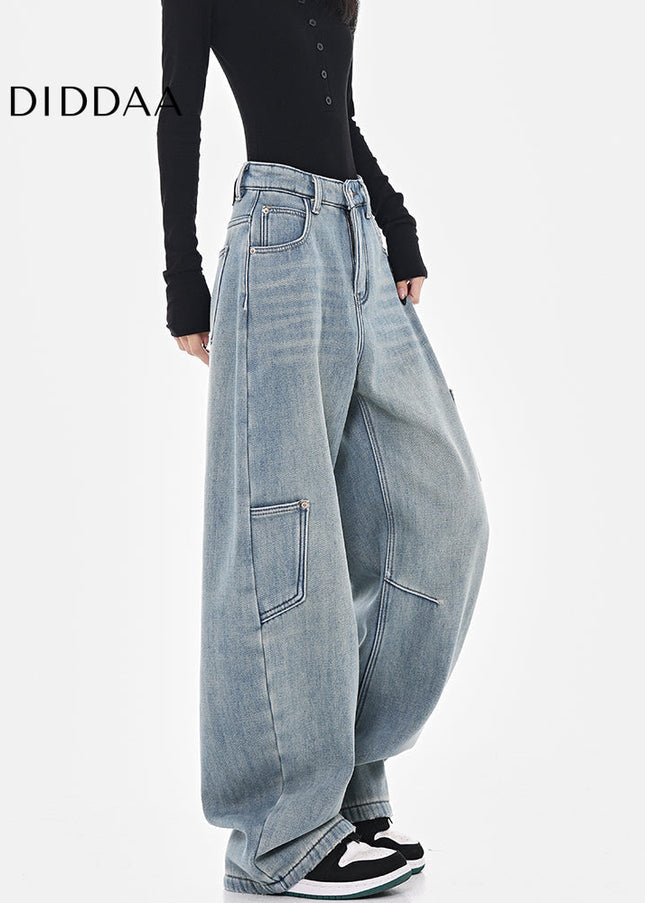 Washed Blue High Waist Wide-Leg Cargo Jeans - Women’s Jeans