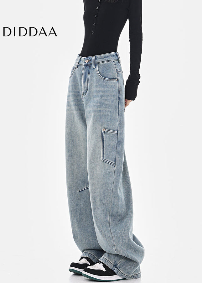 Washed Blue High Waist Wide-Leg Cargo Jeans - Women’s Jeans