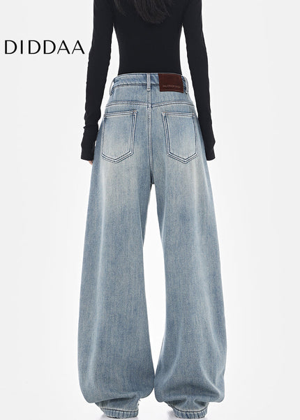 Washed Blue High Waist Wide-Leg Cargo Jeans - Women’s Jeans