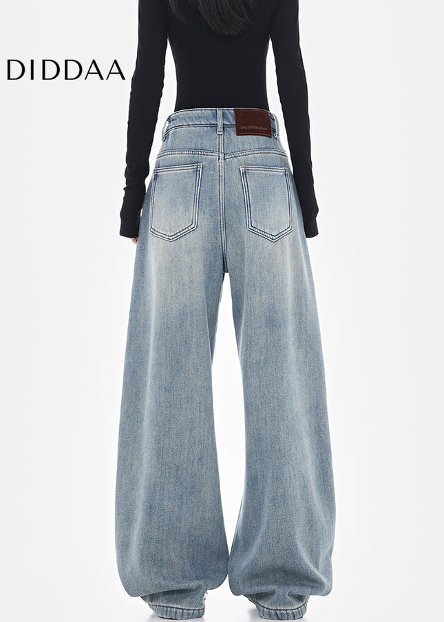 Washed Blue High Waist Wide-Leg Cargo Jeans - Women’s Jeans