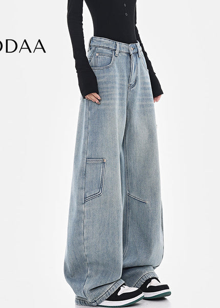 Washed Blue High Waist Wide-Leg Cargo Jeans - Women’s Jeans