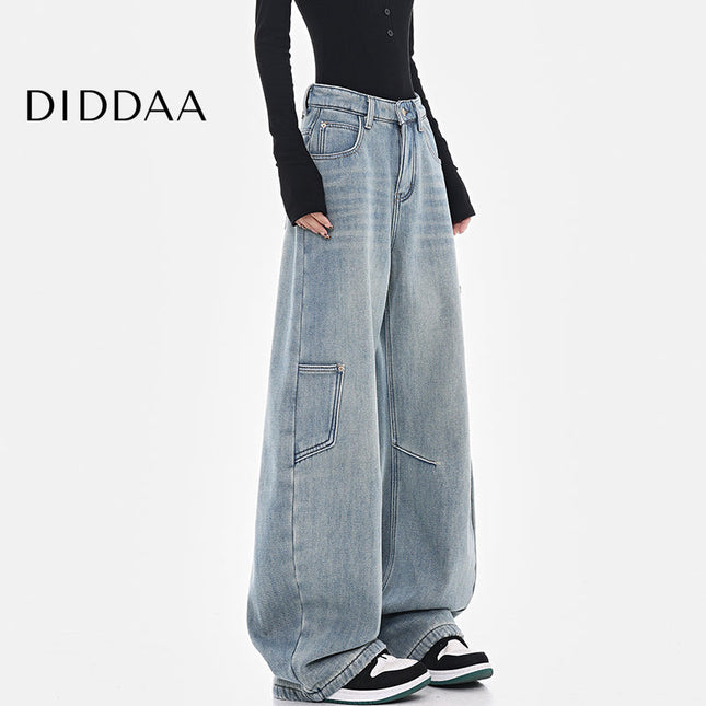 Washed Blue High Waist Wide-Leg Cargo Jeans - Women’s Jeans