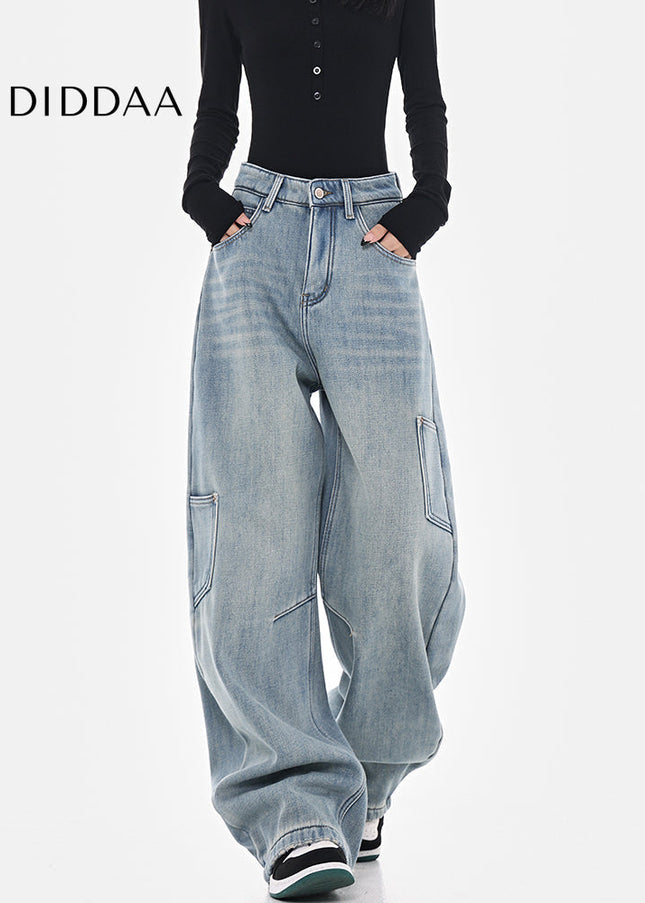Washed Blue High Waist Wide-Leg Cargo Jeans - Women’s Jeans