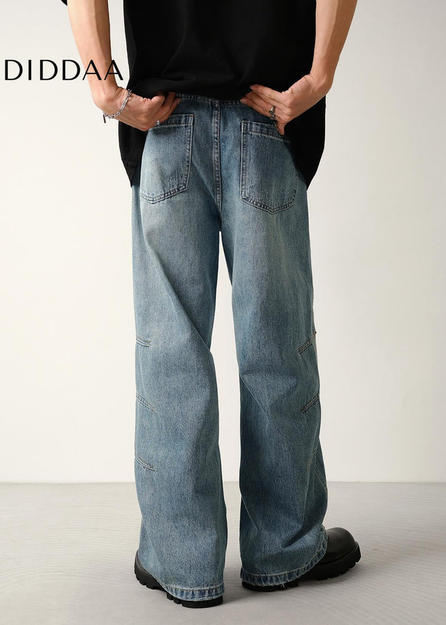 Washed Blue Loose Fit Cargo Jeans for Men - Men’s Jeans