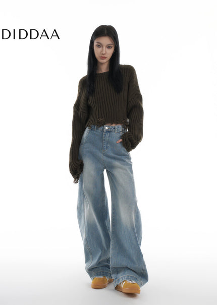 Washed Blue Loose Fit Wide Leg Jeans for Women - Women’s Jeans