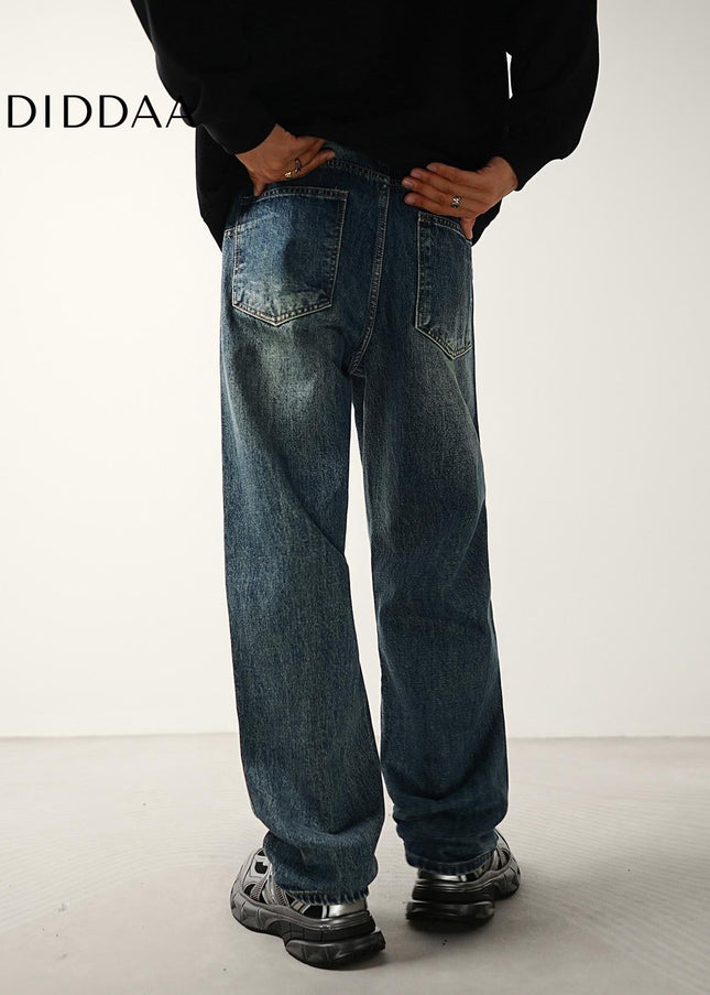 Washed Blue Loose Fit Wide Straight Jeans for Men - Men’s Jeans