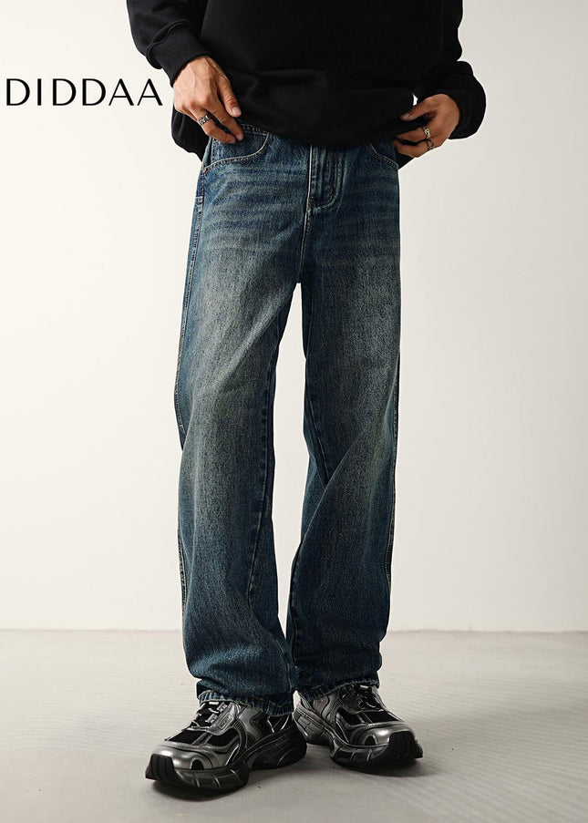 Washed Blue Loose Fit Wide Straight Jeans for Men - Men’s Jeans