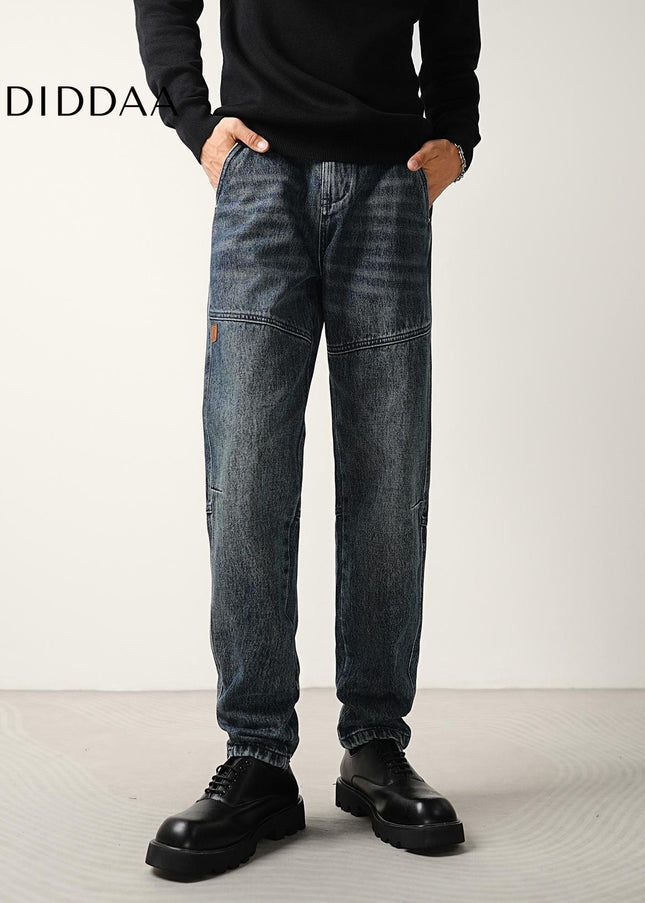 Washed Blue Loose Micro Tapered Cargo Jeans - Men’s Jeans