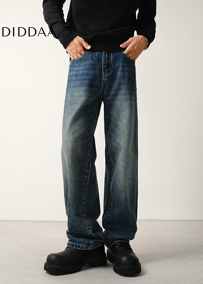 Washed Blue Loose Straight Jeans for Men - Men’s Jeans