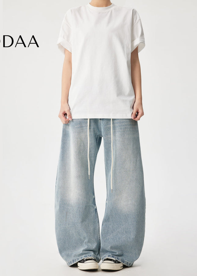 Washed Blue Loose Wide Leg Drawstring Jeans - Light Blue / S - Men’s Jeans