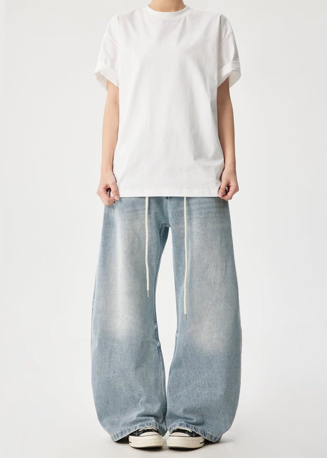 Washed Blue Loose Wide Leg Drawstring Jeans - Men’s Jeans