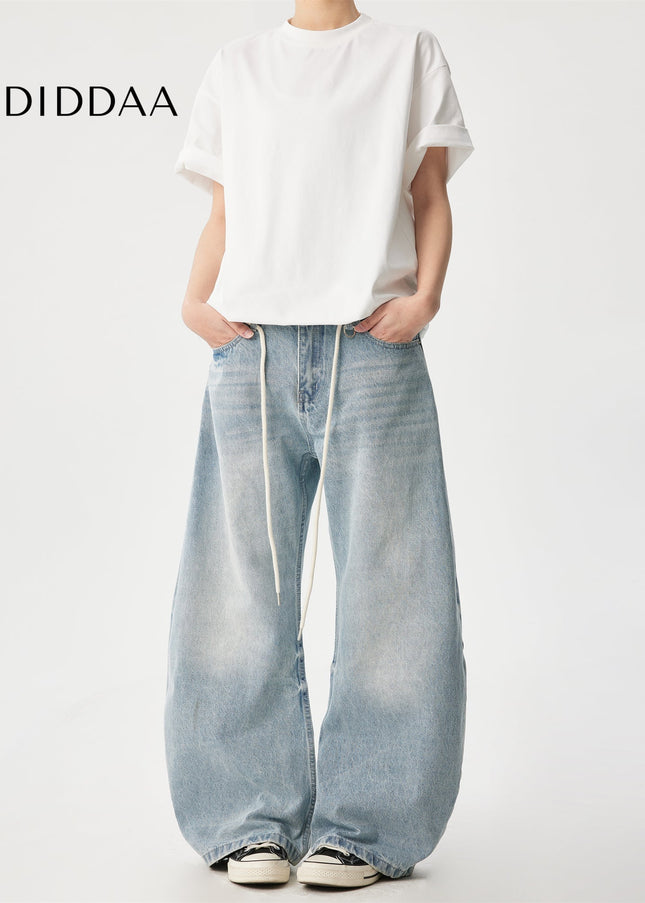 Washed Blue Loose Wide Leg Drawstring Jeans - Men’s Jeans