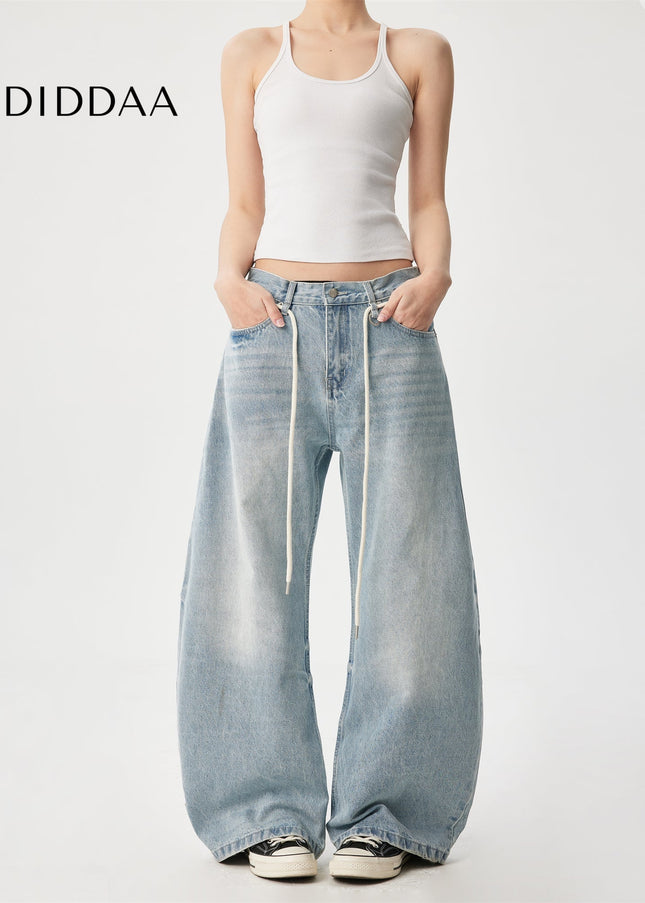 Washed Blue Loose Wide Leg Drawstring Jeans - Men’s Jeans