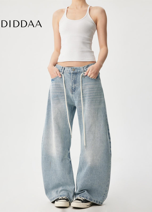 Washed Blue Loose Wide Leg Drawstring Jeans - Men’s Jeans