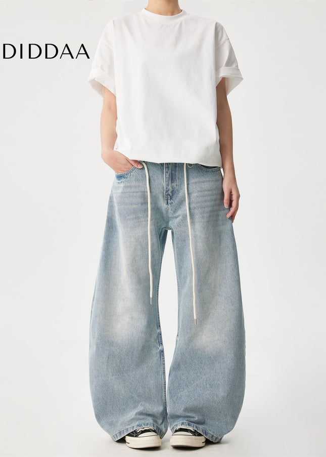 Washed Blue Loose Wide Leg Drawstring Jeans - Men’s Jeans