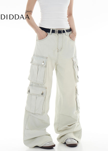 Washed Blue Multi-Pocket Cargo Jeans for Men and Women - Women’s Jeans