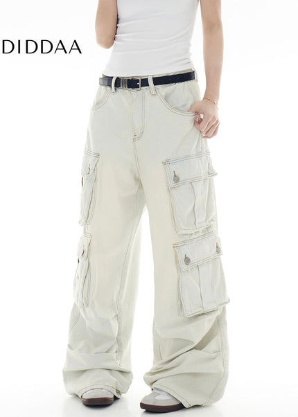 Washed Blue Multi-Pocket Cargo Jeans for Men and Women - Women’s Jeans