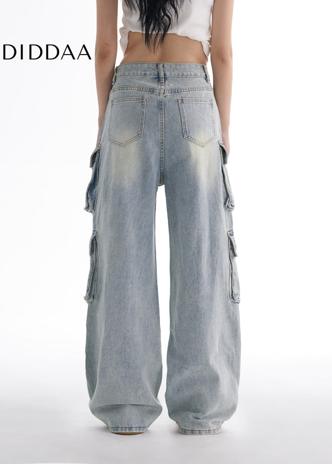 Washed Blue Multi-Pocket Wide-Leg Cargo Jeans - Women’s Jeans