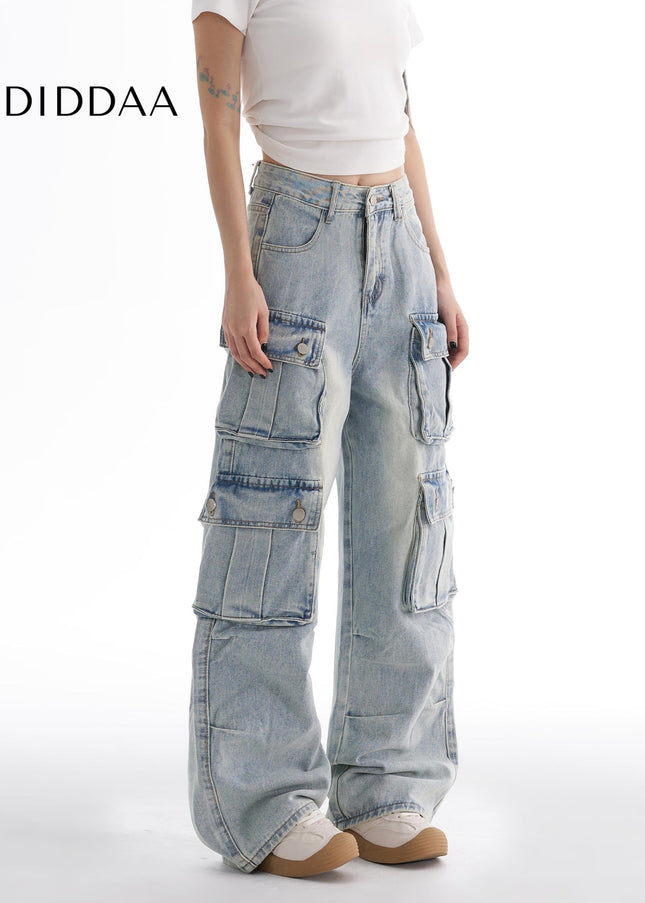 Washed Blue Multi-Pocket Wide-Leg Cargo Jeans - Women’s Jeans