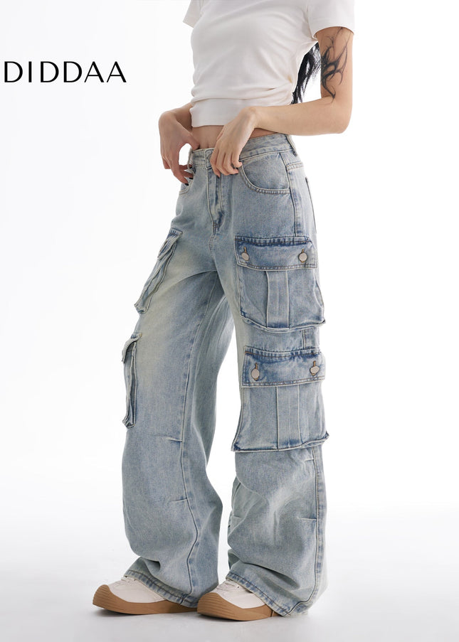 Washed Blue Multi-Pocket Wide-Leg Cargo Jeans - Women’s Jeans
