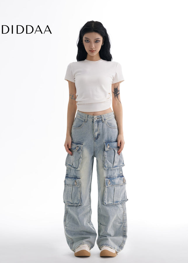 Washed Blue Multi-Pocket Wide-Leg Cargo Jeans - Women’s Jeans