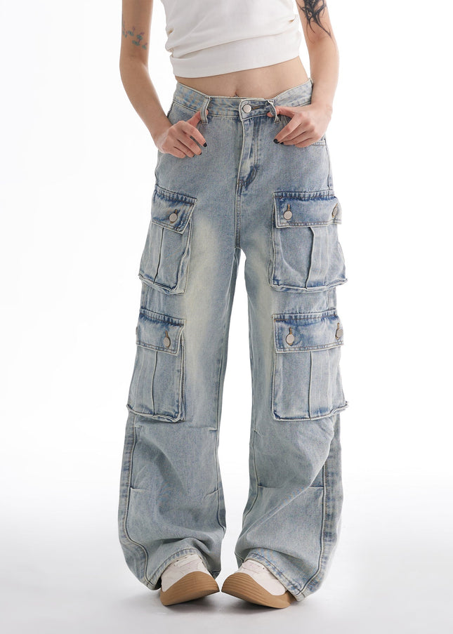 Washed Blue Multi-Pocket Wide-Leg Cargo Jeans - Women’s Jeans
