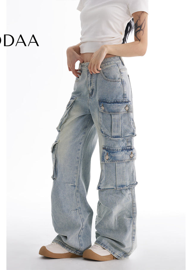 Washed Blue Multi-Pocket Wide-Leg Cargo Jeans - XS / Light Blue - Women’s Jeans